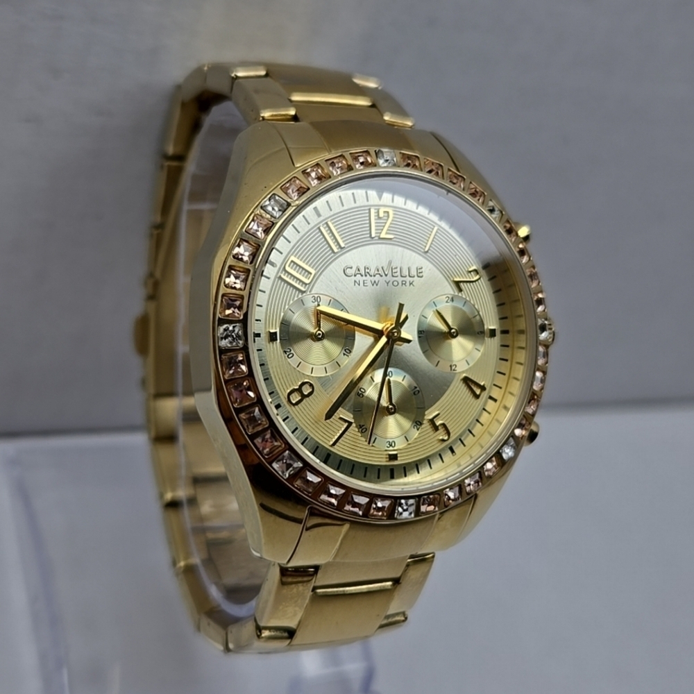 Caravelle New York Gold Tone Chronograph Women’s Quartz Watch Crystal Bezel - Picture 3 of 10